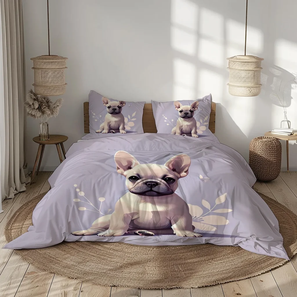 Adorable French Bulldog Bedding Set with Duvet Cover and Pillowcases, Cute Puppy Design on Soft Lavender Background for Pet Lovers