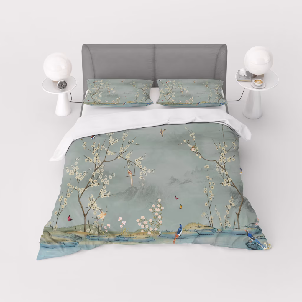 Chinoiserie White Flower Tree Birds Duvet Cover Set, Botanical Bedding, Nature Floral Comforter Cover, Single Double Full Queen King Size
