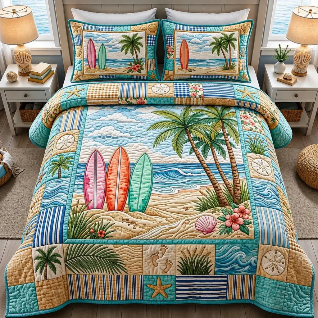 Coastal Beach Bedding Set, Surfboard Blanket and Pillowcases, Tropical Ocean Bedroom Decor, Quilt Style Print Bed Set