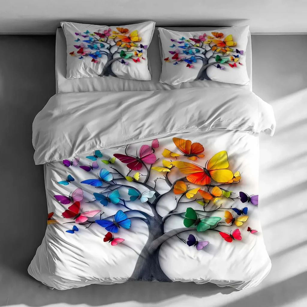 Colorful Butterfly Tree Duvet Cover Set, Vibrant Rainbow Bedding Set with Pillowcases, Soft Microfiber Bed Cover for All Seasons