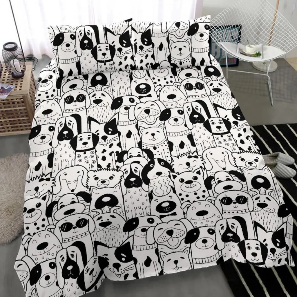 Cute Dog Bedding Set, Black and White Puppy Doodle Duvet Cover, Funny Dog Faces Comforter or Quilt Set, Animal Lover Bedroom Decor