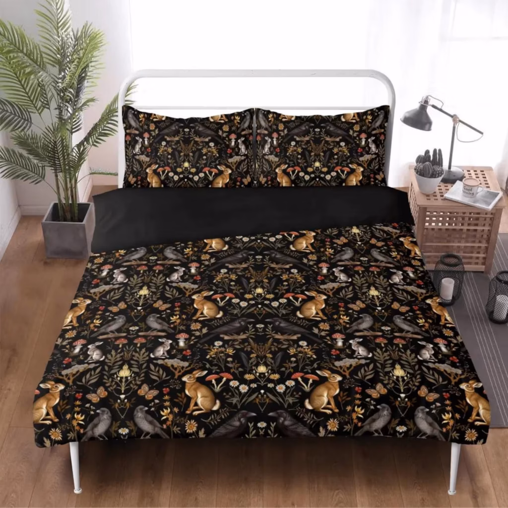 Forestcore Duvet Cover Set, Woodland Animal Bedding, Dark Cottagecore Aesthetic, Whimsigoth Ravens & Rabbits Dark Naturecore Decor Set