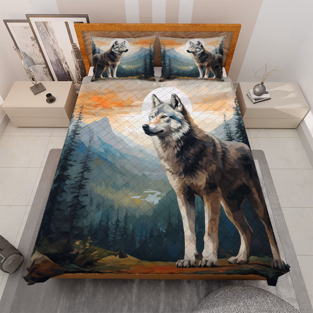 Geometric Wolf Bedding Set, Low Poly Wolf Quilt Set, Mountain Forest Wildlife Duvet Cover, Full Moon Wild Animal Comforter Set