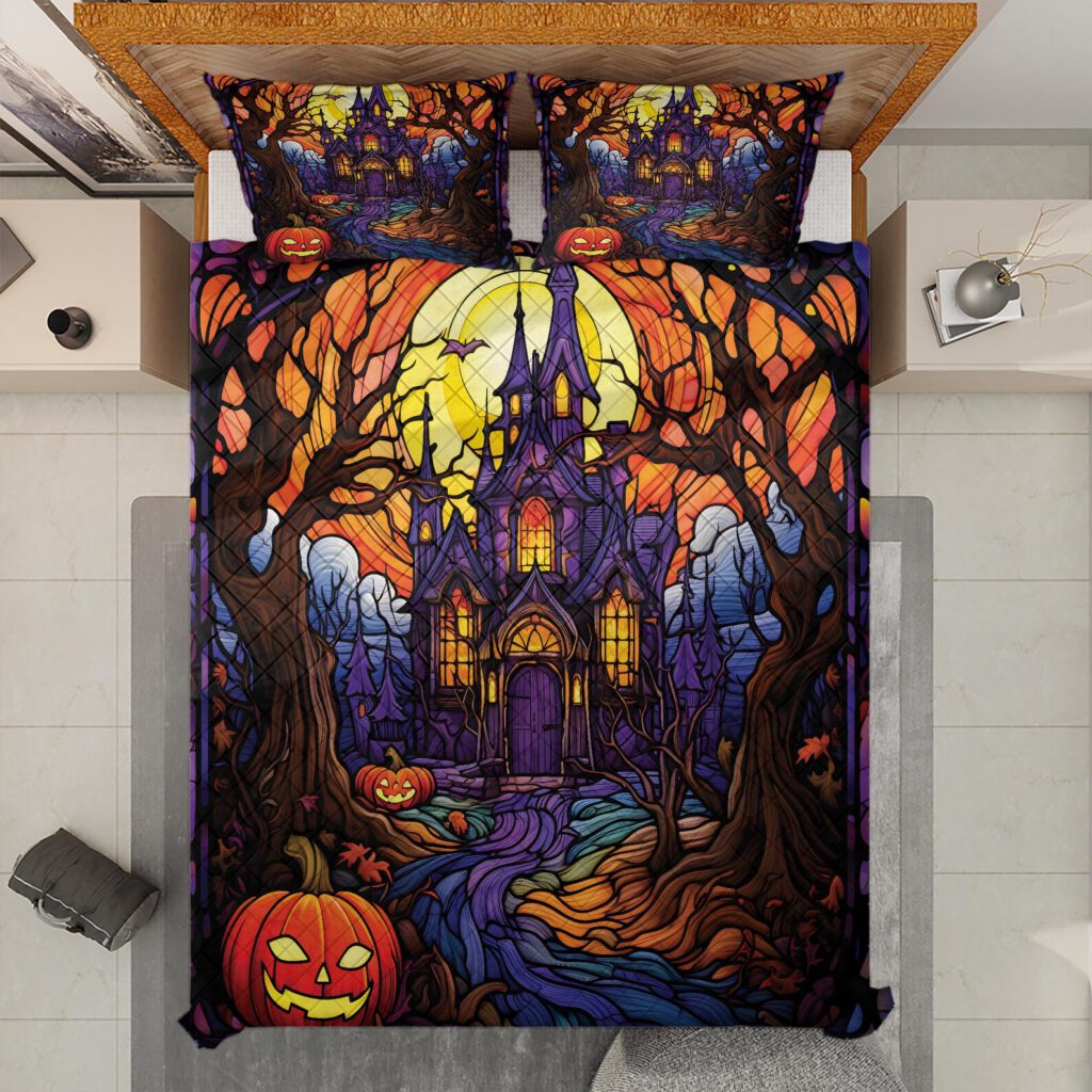 Halloween Quilt Bedding Set: Retro Haunted House, Starry Night Cottagecore Decor