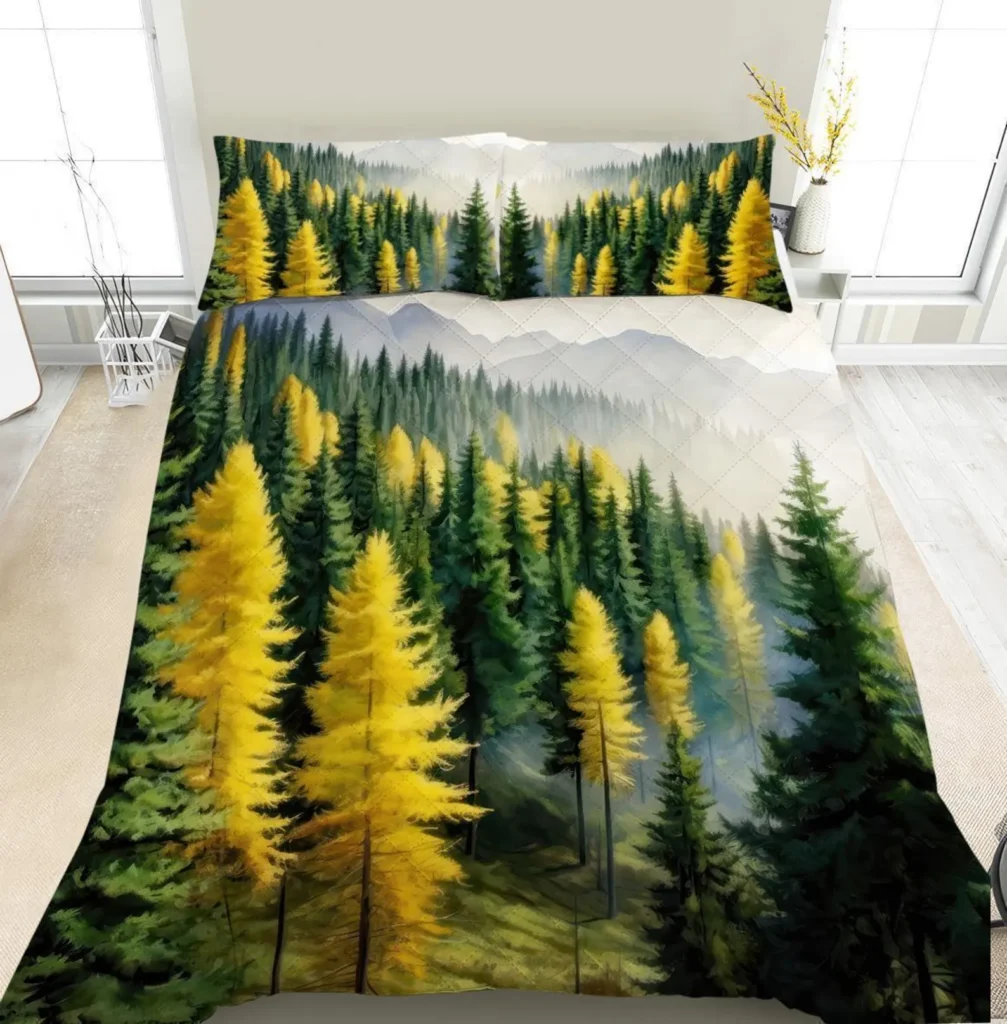 Mountain Pine Forest Bedding Set, Rugged Alpine Cottage Cabin Decor, Majestic Wilderness Duvet Cover, Comforter, Quilt Set