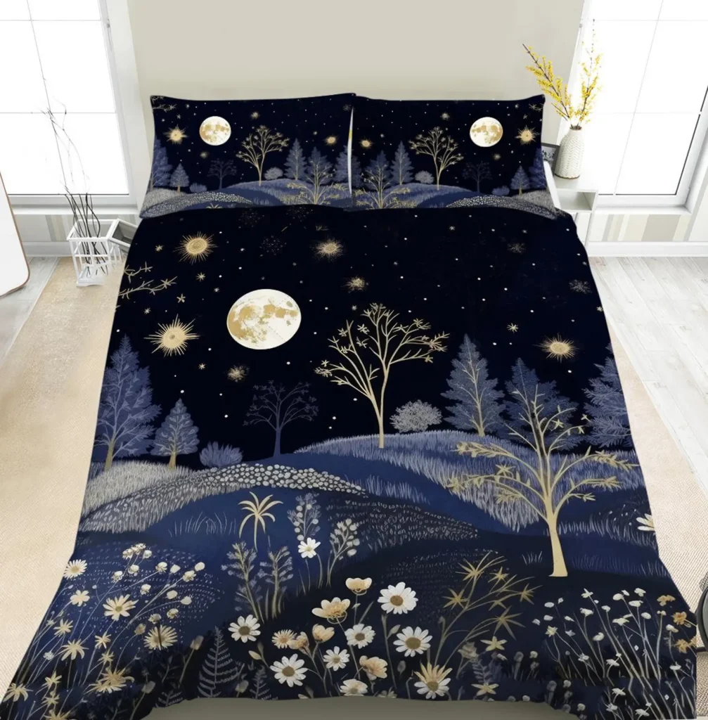 Twilight Forest Meadow Prairie Bedding Set, Dark Forest Bedding, Moon Stars Celestial, Nature Decor Duvet Cover, Comforter or Quilt Set