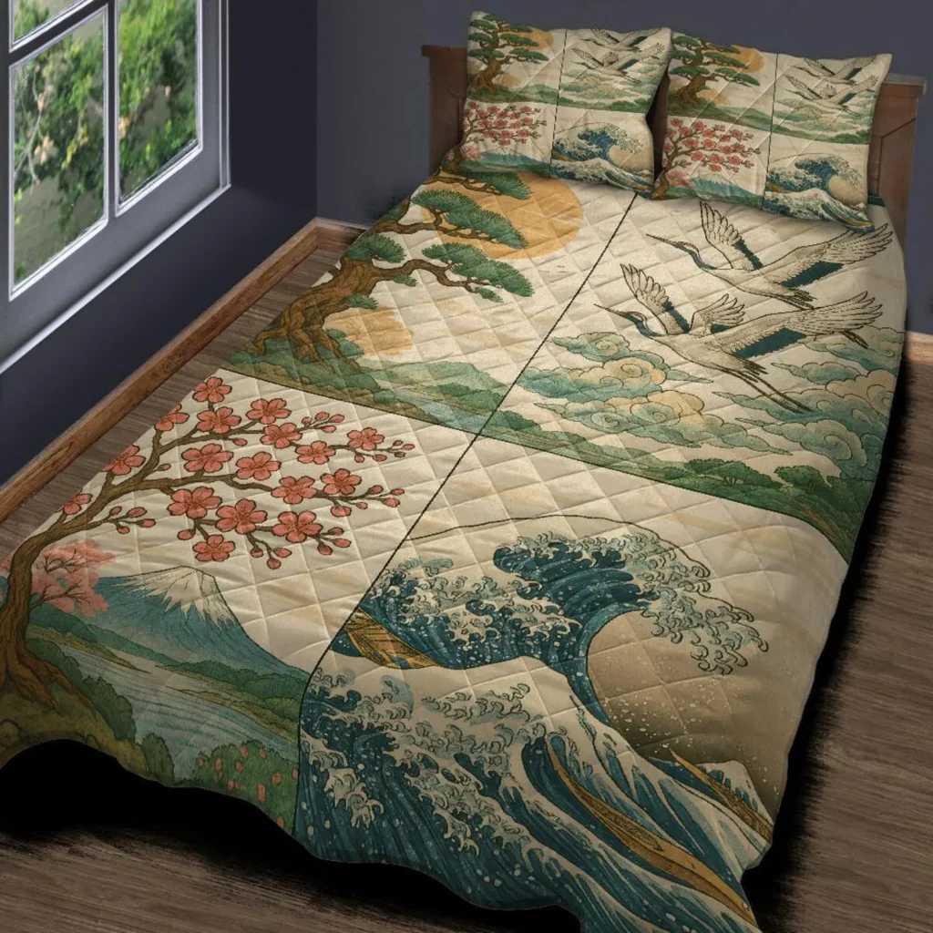 Ukiyo-e Japan Quilt Set – Vintage Diamond Bedding with Pillowcases, Japanese Art Gift for Her, Zen Nature Decor or Spiritual Wabi-Sabi Bed