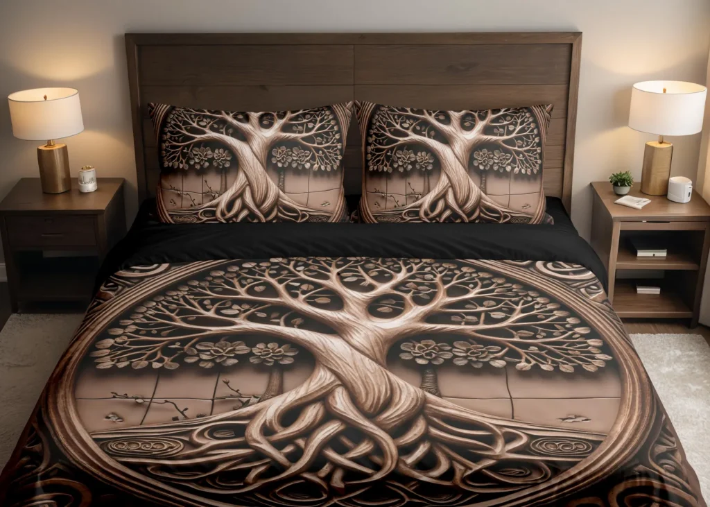 Viking Celtic Tree of Life Roots Wood Carving Art Duvet Cover/2 Pillows Case Bed Set