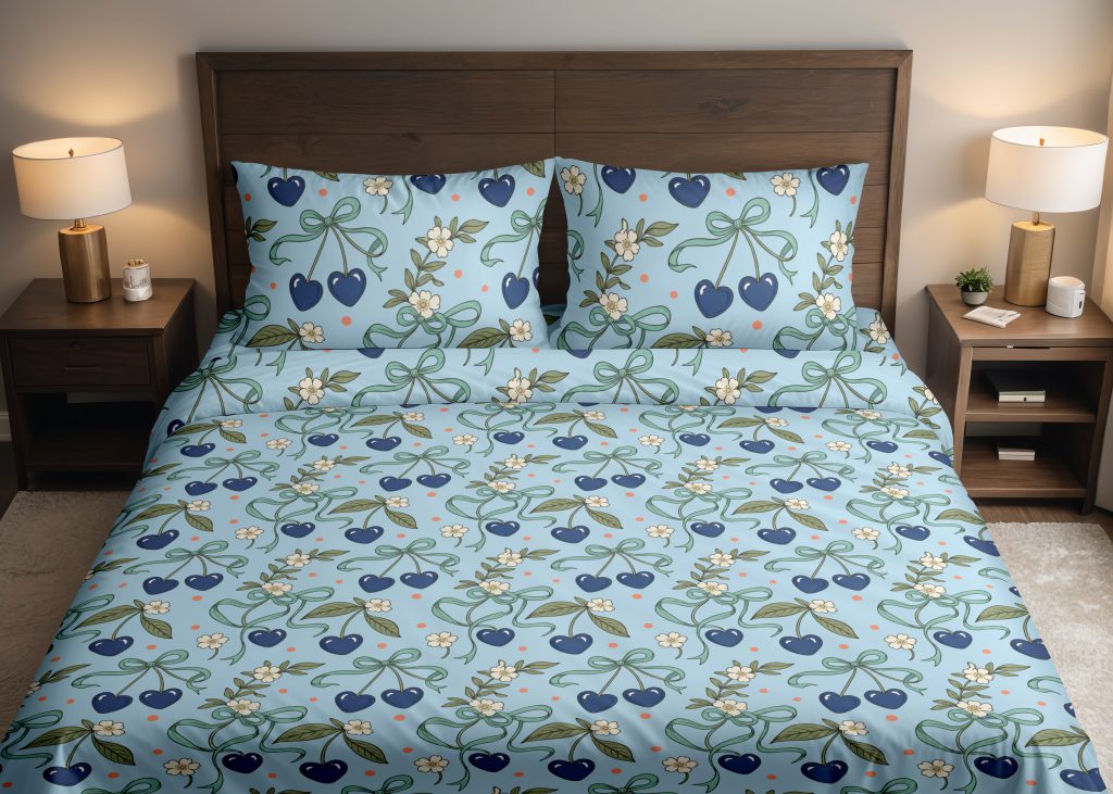 Azure Cherry Ribbons Bedding Set