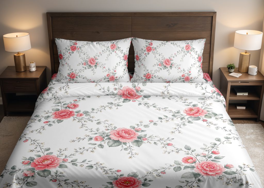 Coral Camellia Lattice Bedding Set