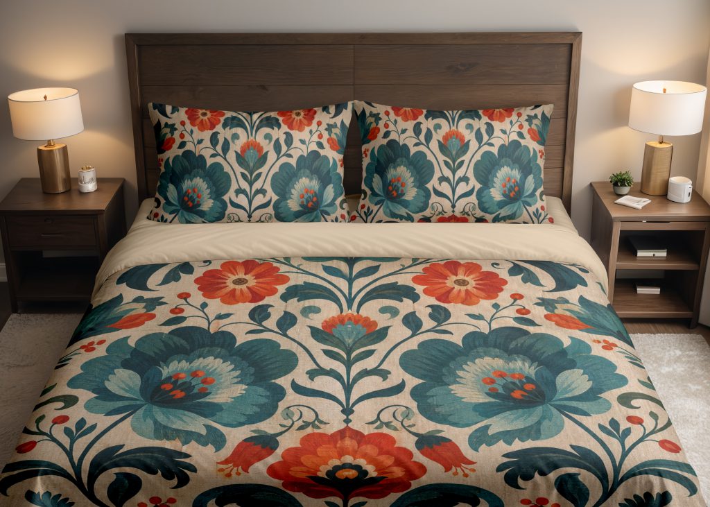 Ember Teal Folk Garden Bedding Set