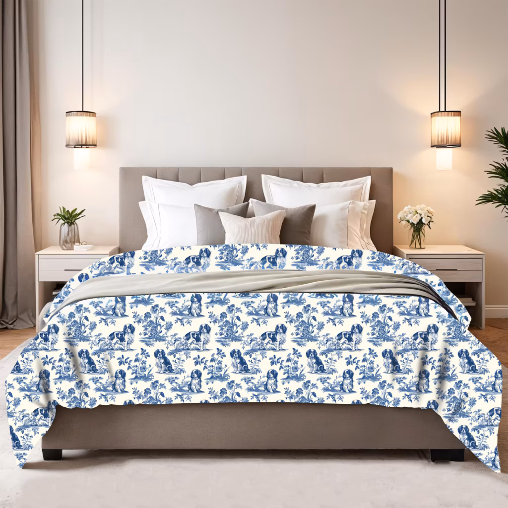 Blue and White Toile de Jouy Spaniel Bedding Set - Classic Vintage Dog Pattern Duvet Cover & Comforter