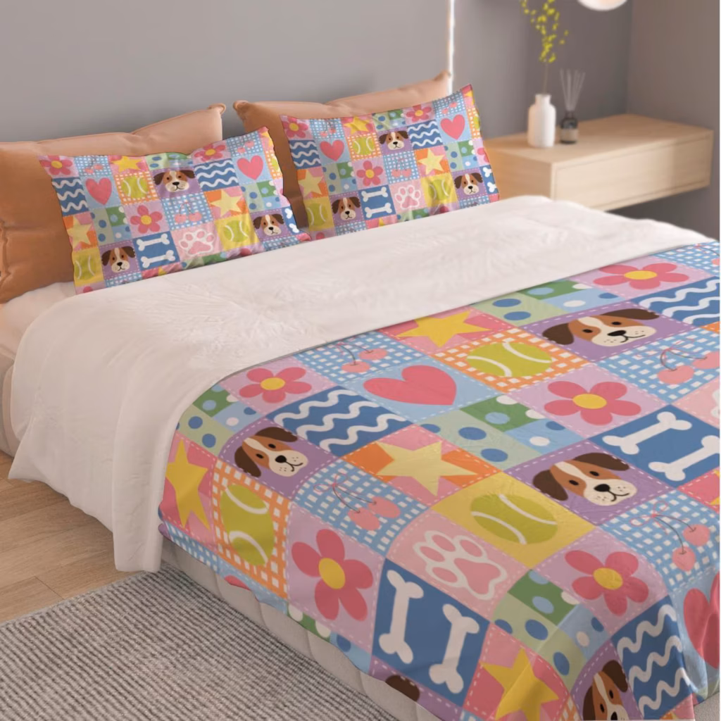 Colorful Cartoon Dog Bedding Set - Cute Puppy Patchwork Duvet Cover & Comforter Set