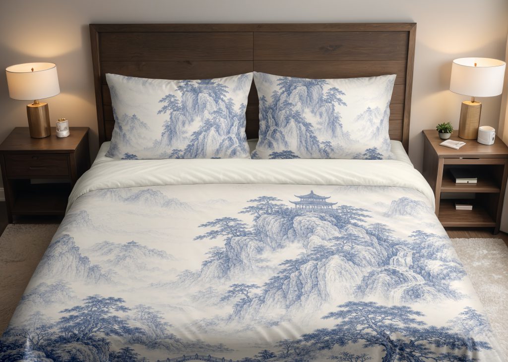 Indigo Pagoda Mist Landscape Bedding Set mockup 1