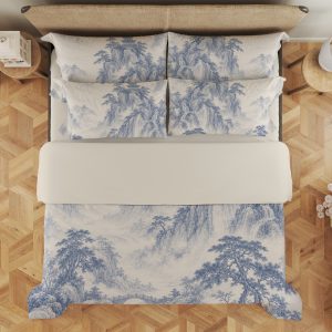 Indigo Pagoda Mist Landscape Bedding Set mockup 3