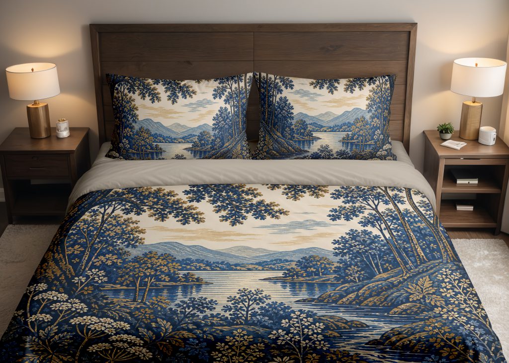 Indigo Woodland Panorama Bedding Set mockup 1