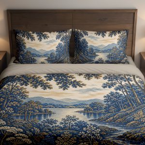 Indigo Woodland Panorama Bedding Set mockup 1