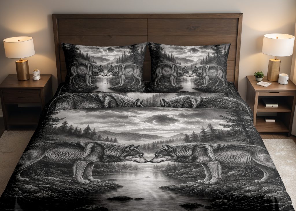 Twin Wolves River Etching Bedding Set