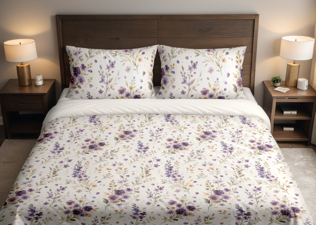 Front close view of ivory bedding with scattered purple and lavender pansies, small yellow flowers and delicate gray-green leafy stems on the cover and matching pillows.