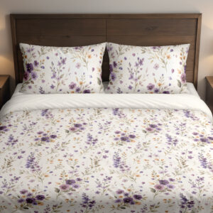Front close view of ivory bedding with scattered purple and lavender pansies, small yellow flowers and delicate gray-green leafy stems on the cover and matching pillows.