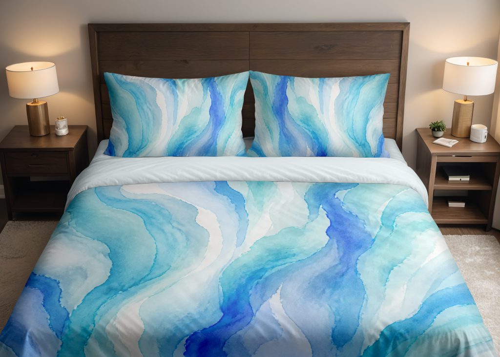 Azure Watercolor Current Veil Bedding Set