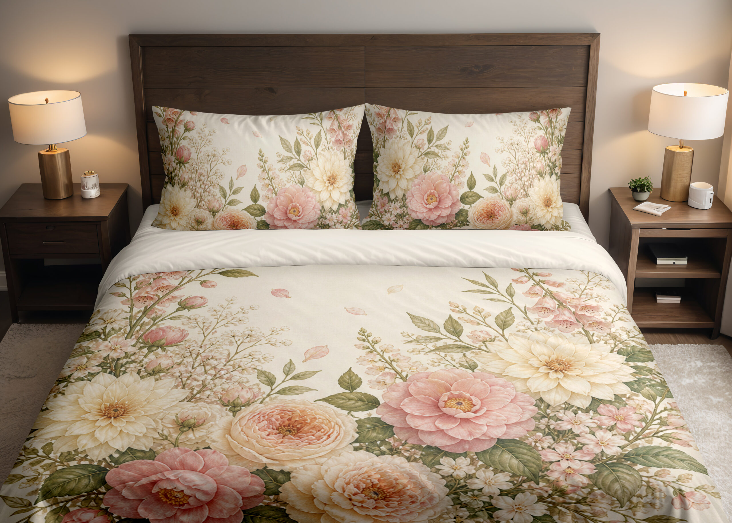 Front close view of ivory bedding with large blush-pink and peach flowers, cream blooms, airy white flower clusters and soft green leaves on the cover and matching pillows.