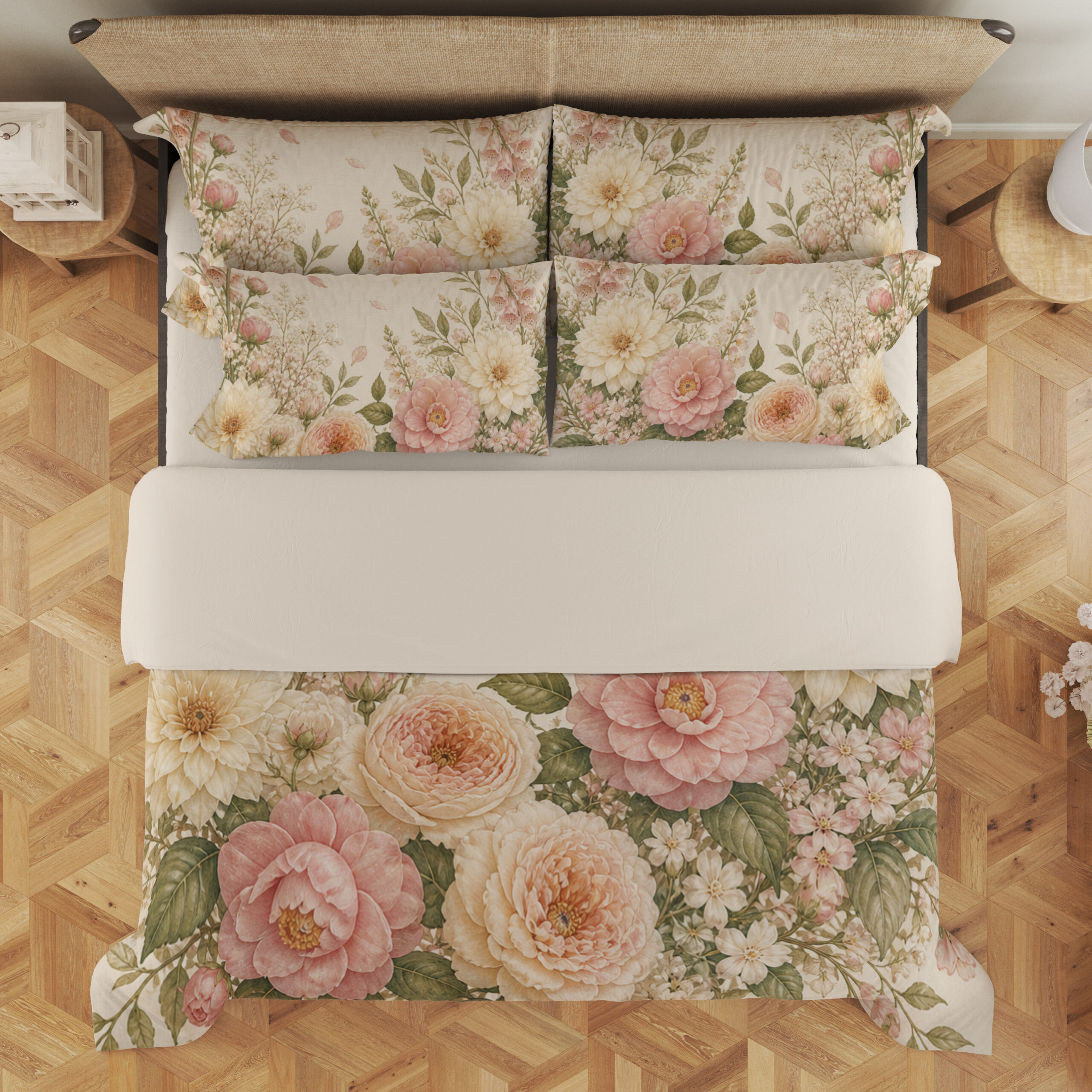 Overhead view of ivory bedding with large blush-pink and peach flowers, cream blooms, airy white flower clusters and soft green leaves, with the design repeated on the pillows.