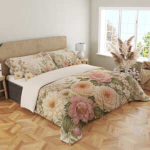 Angled full-bed view of ivory bedding with large blush-pink and peach flowers, cream blooms, airy white flower clusters and soft green leaves, showing the pattern across the cover and pillows.