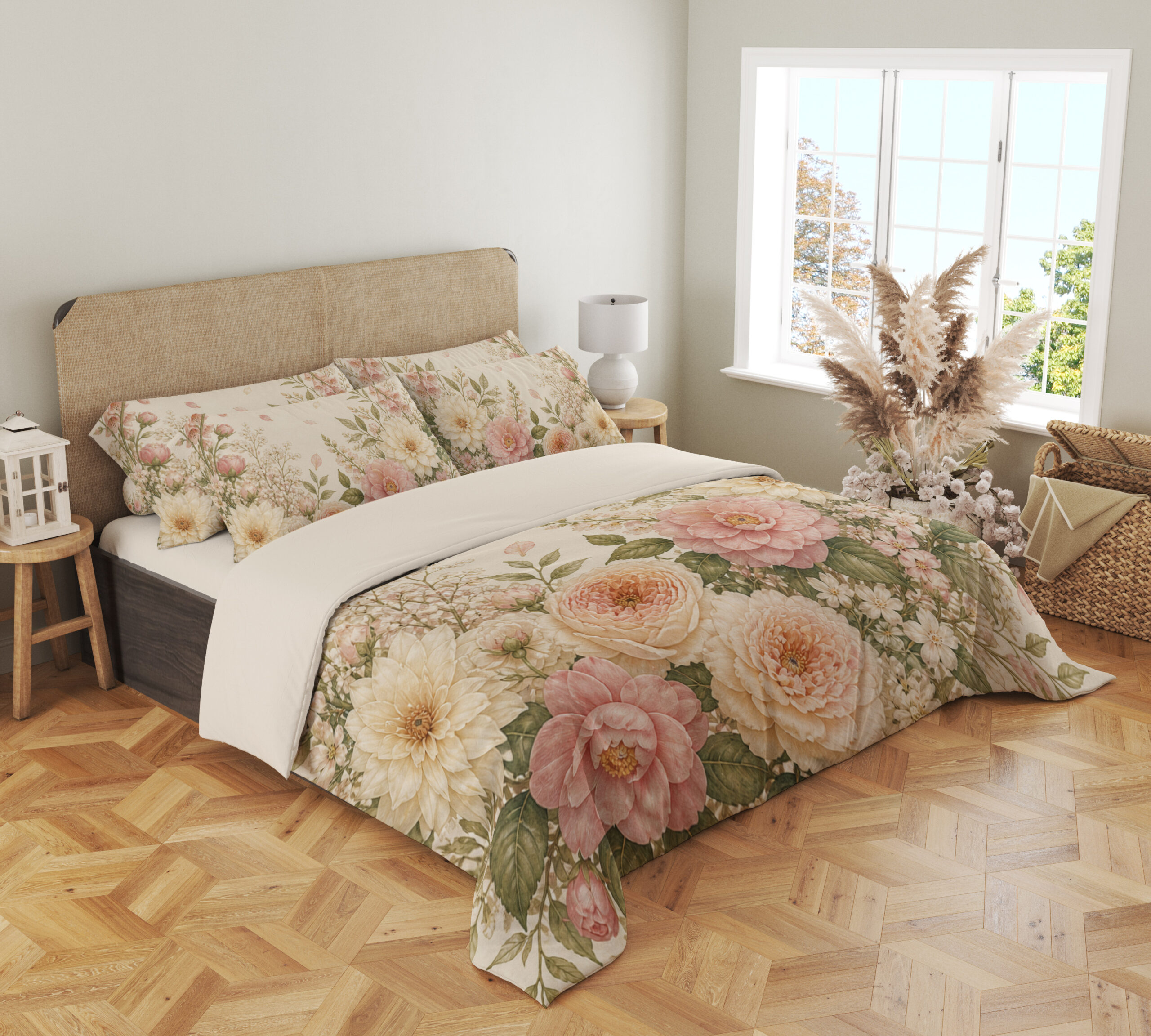 Angled full-bed view of ivory bedding with large blush-pink and peach flowers, cream blooms, airy white flower clusters and soft green leaves, showing the pattern across the cover and pillows.