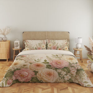 Full front view of ivory bedding with large blush-pink and peach flowers, cream blooms, airy white flower clusters and soft green leaves beneath a beige headboard.