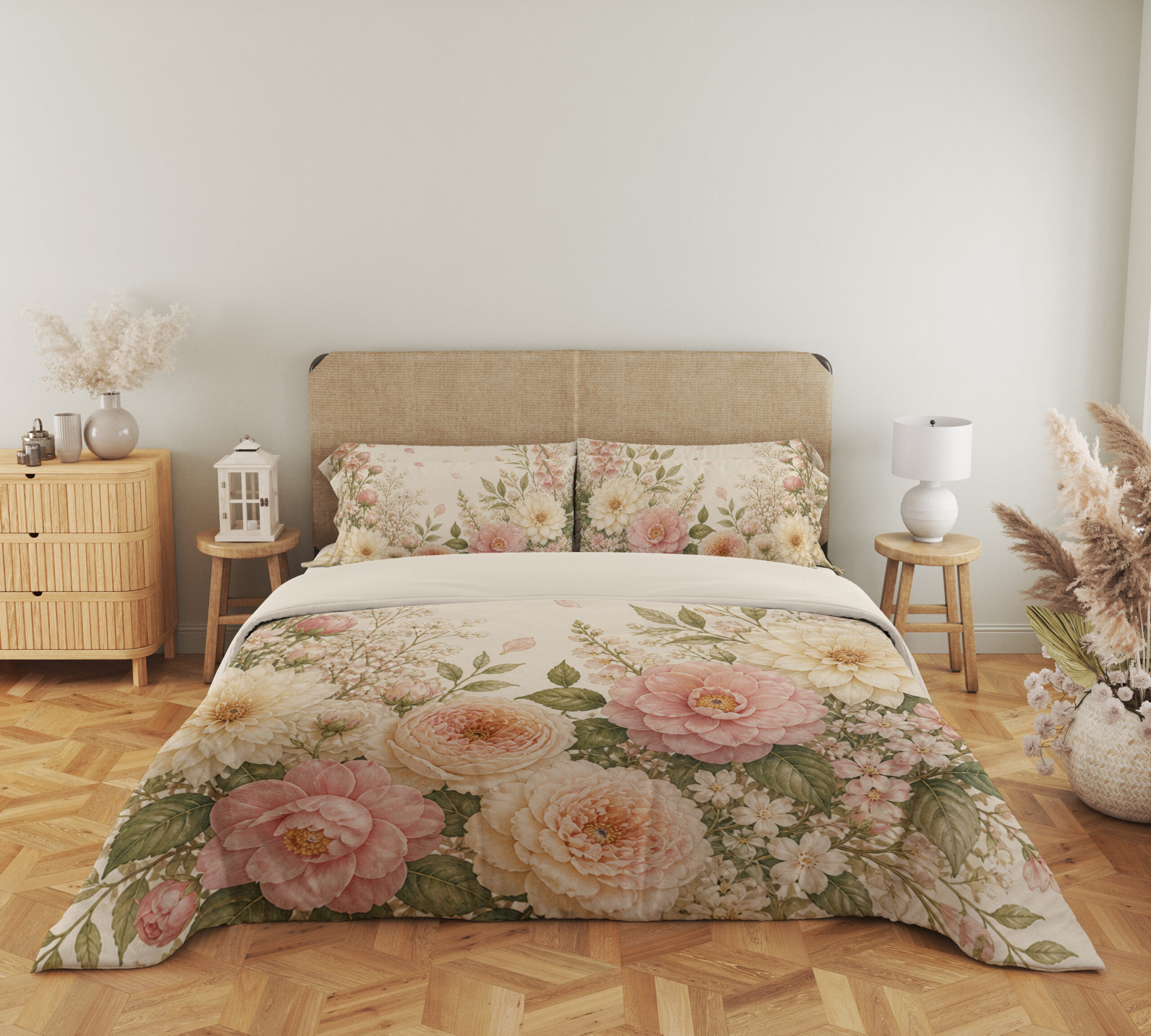 Full front view of ivory bedding with large blush-pink and peach flowers, cream blooms, airy white flower clusters and soft green leaves beneath a beige headboard.