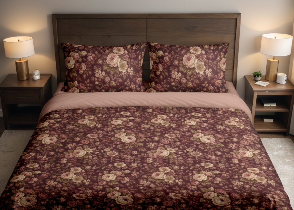 Front close view of burgundy bedding with densely scattered cream and dusty-pink roses, tiny blossoms and muted olive leaves on the cover and matching pillows.