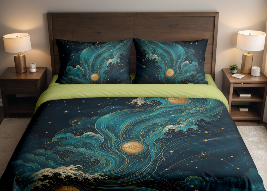 Front close view of deep-blue bedding with sweeping teal waves and clouds, cream foam, golden sun disks and delicate constellation-like lines on the cover and matching pillows.