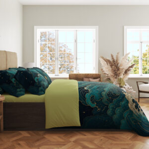 Side view of deep-blue bedding with curling teal wave crests, fine golden lines and a sweeping cream foam edge.