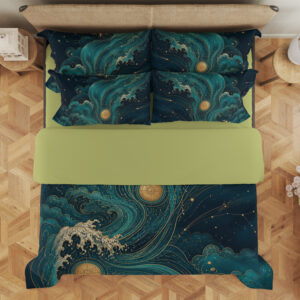 Overhead view of deep-blue bedding with sweeping teal waves and clouds, cream foam, golden sun disks and delicate constellation-like lines, with the design repeated on the pillows.