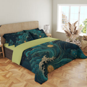 Angled full-bed view of deep-blue bedding with sweeping teal waves and clouds, cream foam, golden sun disks and delicate constellation-like lines, showing the pattern across the cover and pillows.
