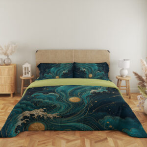 Full front view of deep-blue bedding with sweeping teal waves and clouds, cream foam, golden sun disks and delicate constellation-like lines beneath a beige headboard.