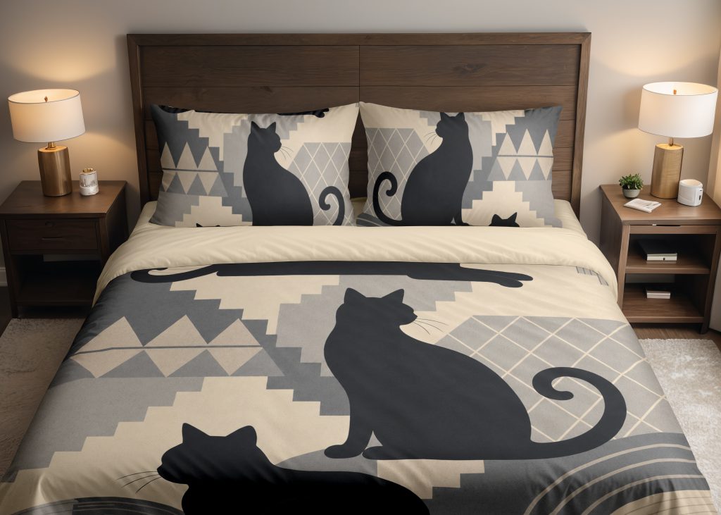 Charcoal Geometric Cat Silhouettes Bedding Set