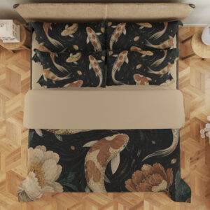 Overhead view of charcoal bedding printed with cream and rust koi, large taupe peonies and fine swirling pond ripples, with the design repeated on the pillows.