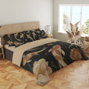 Angled full-bed view of charcoal bedding printed with cream and rust koi, large taupe peonies and fine swirling pond ripples, showing the pattern across the cover and pillows.