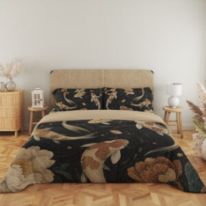 Full front view of charcoal bedding printed with cream and rust koi, large taupe peonies and fine swirling pond ripples beneath a beige headboard.