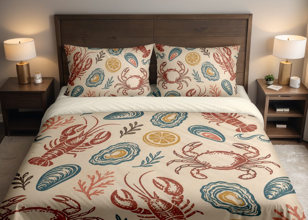 Coastal Shellfish Linocut Market Bedding Set