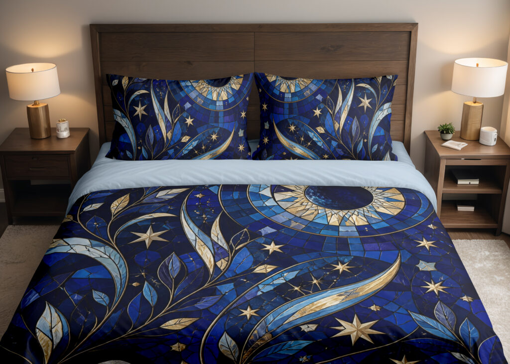 Front close view of cobalt bedding with mosaic-like blue leaves, sweeping golden crescents, pale stars and a large circular celestial motif on the cover and matching pillows.
