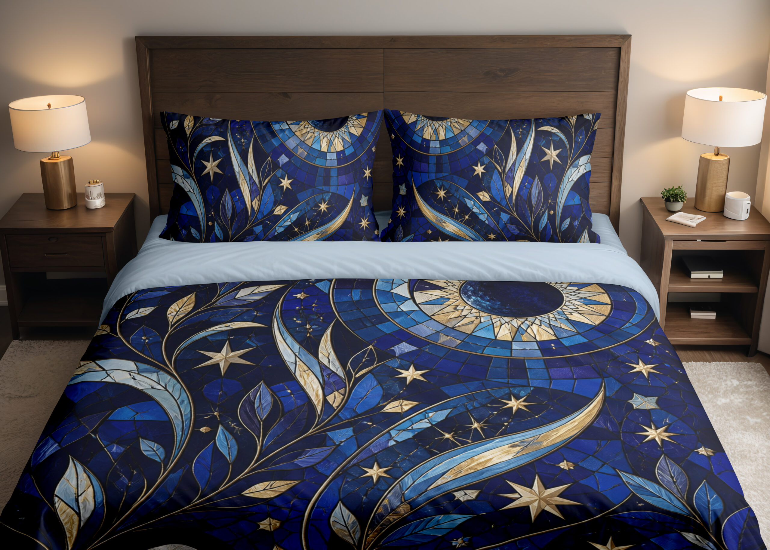 Front close view of cobalt bedding with mosaic-like blue leaves, sweeping golden crescents, pale stars and a large circular celestial motif on the cover and matching pillows.