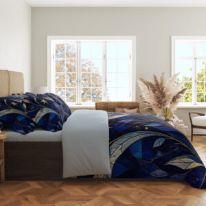 Side view of cobalt celestial bedding, showing mosaic-like blue leaves and sweeping pale-gold curves against a dark-blue ground.