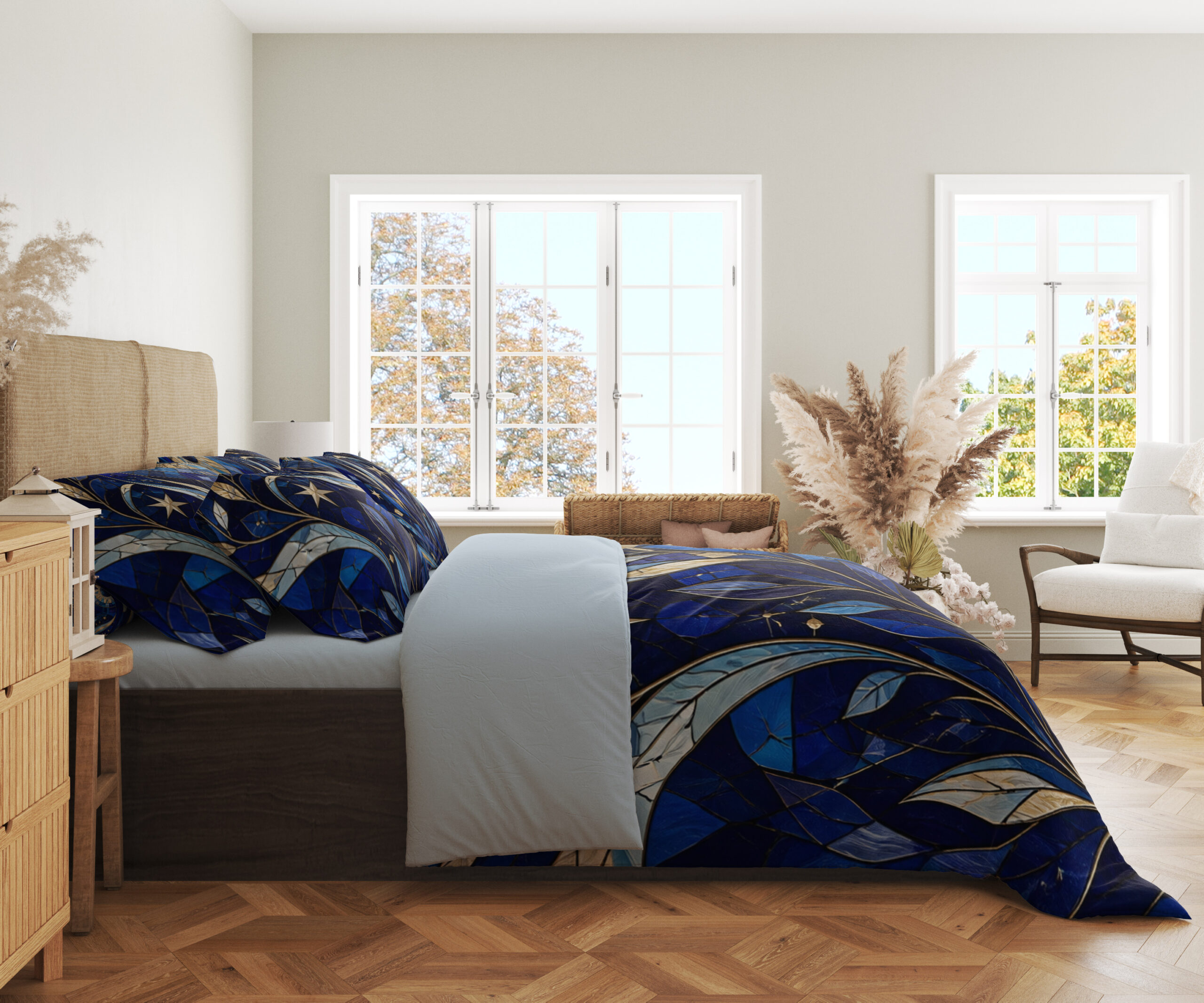 Side view of cobalt celestial bedding, showing mosaic-like blue leaves and sweeping pale-gold curves against a dark-blue ground.