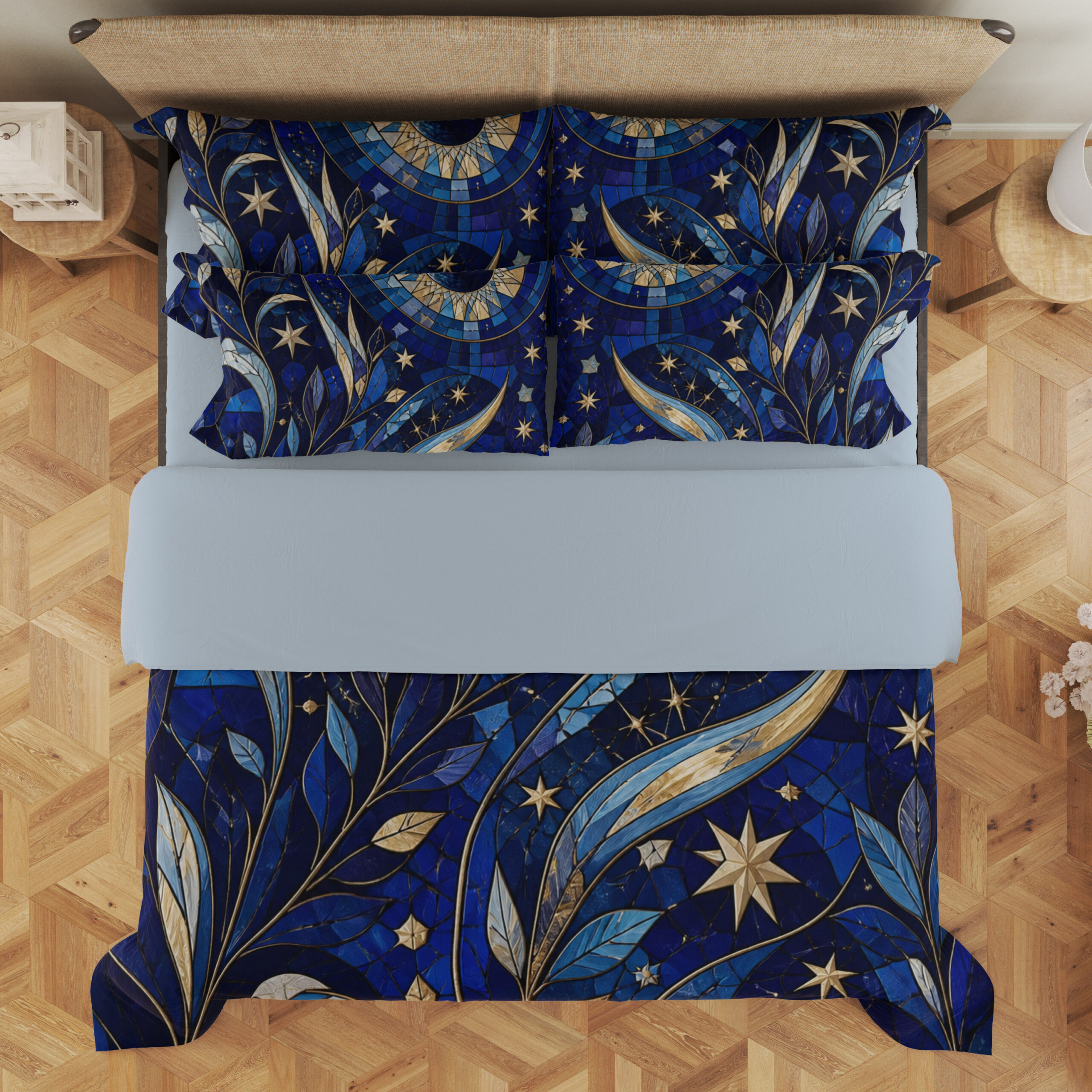 Overhead view of cobalt bedding with mosaic-like blue leaves, sweeping golden crescents, pale stars and a large circular celestial motif, with the design repeated on the pillows.