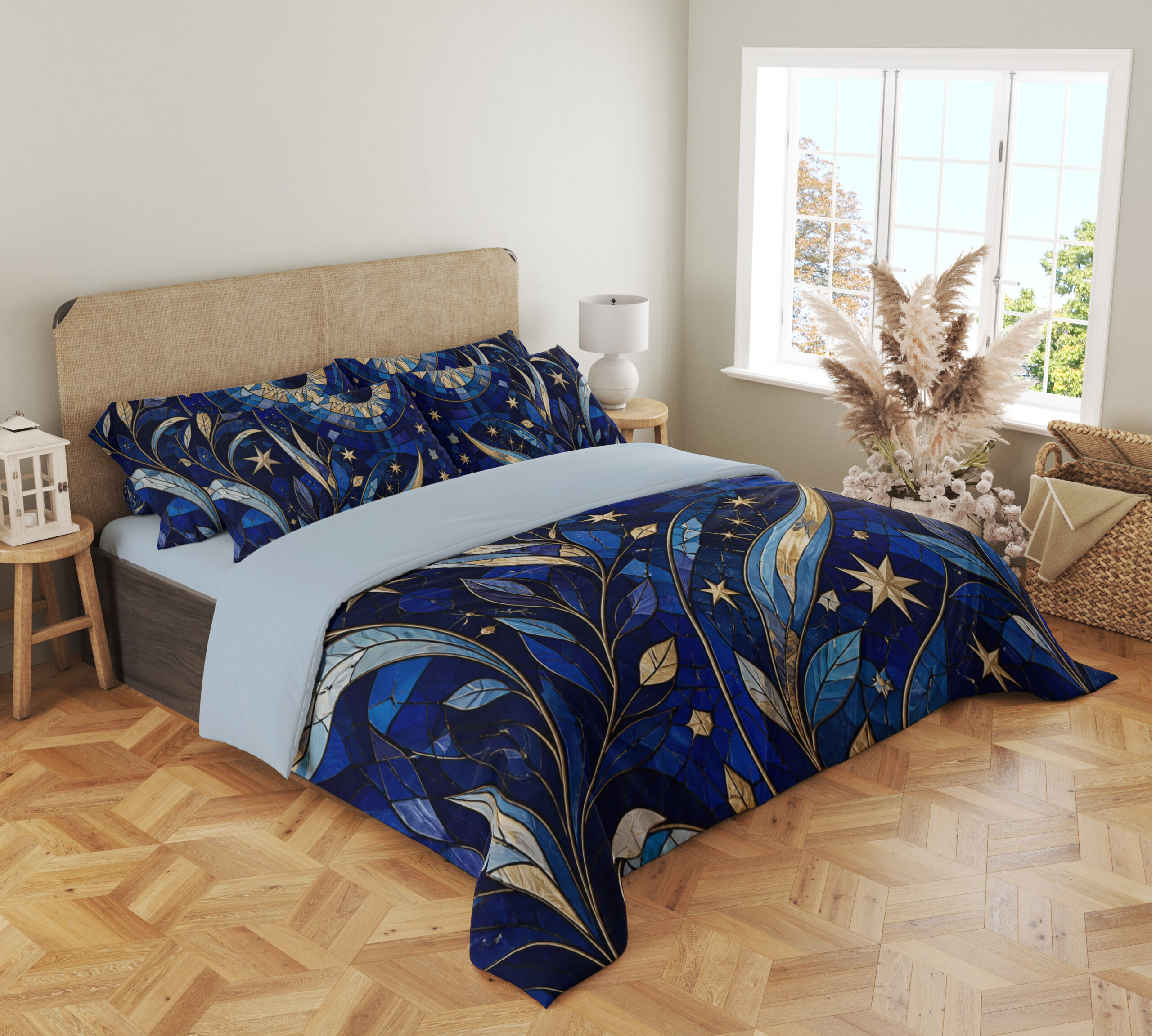 Angled full-bed view of cobalt bedding with mosaic-like blue leaves, sweeping golden crescents, pale stars and a large circular celestial motif, showing the pattern across the cover and pillows.