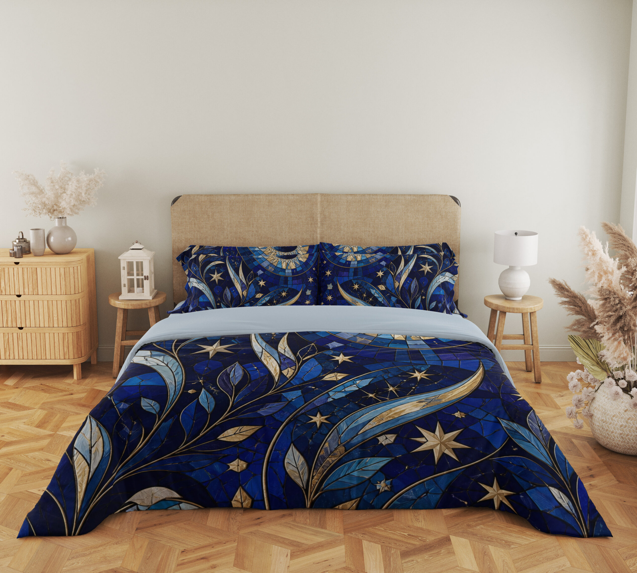 Full front view of cobalt bedding with mosaic-like blue leaves, sweeping golden crescents, pale stars and a large circular celestial motif beneath a beige headboard.