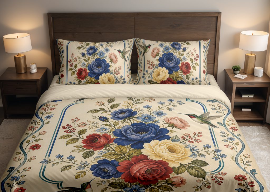 Cobalt Rose Hummingbird Cameo Bedding Set